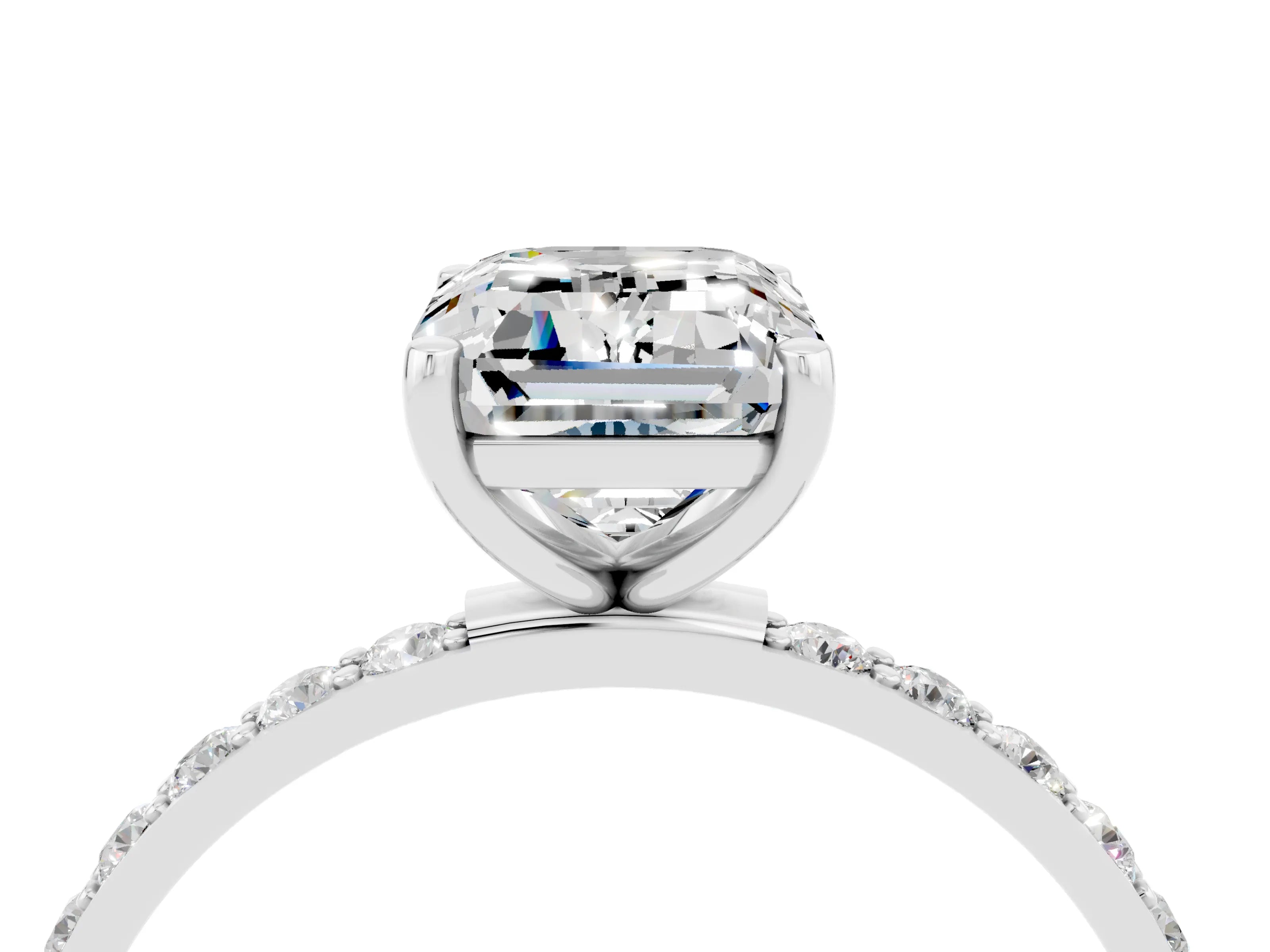 White gold Emerald Cut Moissanite Solitaire Ring with Pave Band and Four Prong Setting_28