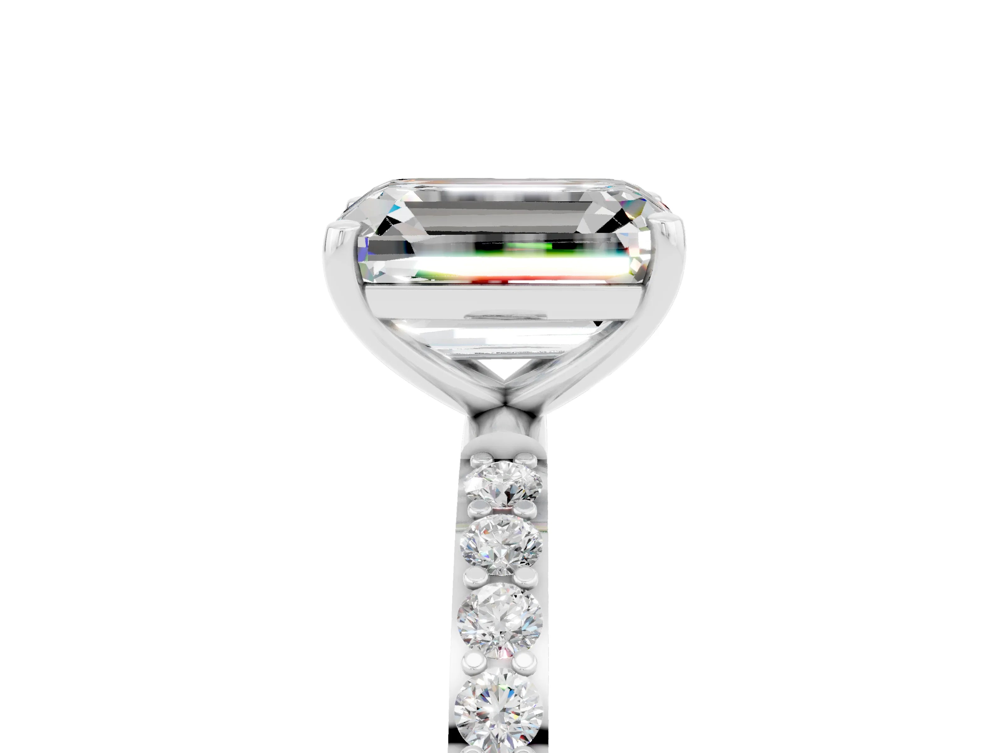 White gold Emerald Cut Moissanite Solitaire Ring with Pave Band and Four Prong Setting_29