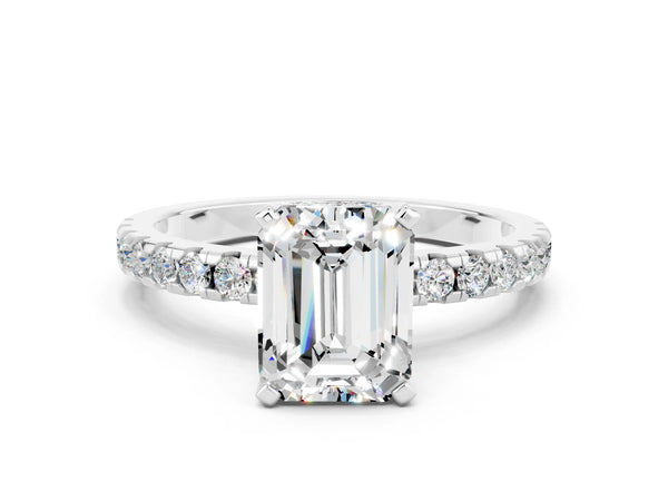 White gold Emerald Cut Moissanite Solitaire Ring with Round  Pavé Band and Four-Prong Setting