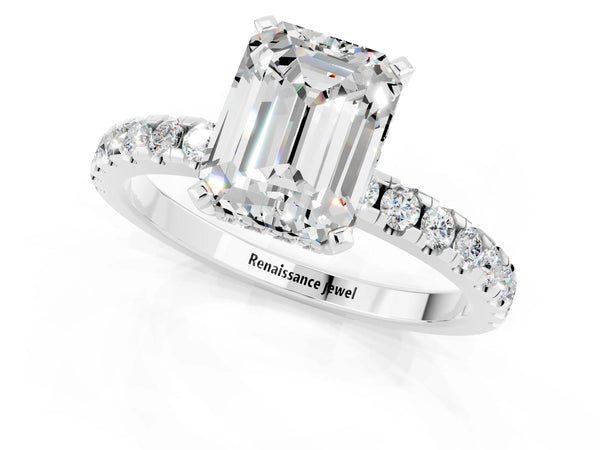 White gold Emerald Cut Moissanite Solitaire Ring with Round  Pavé Band and Four-Prong Setting