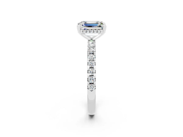 White gold Emerald Cut Moissanite Solitaire Ring with Round  Pavé Band and Four-Prong Setting