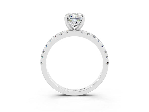 White gold Emerald Cut Moissanite Solitaire Ring with Round  Pavé Band and Four-Prong Setting