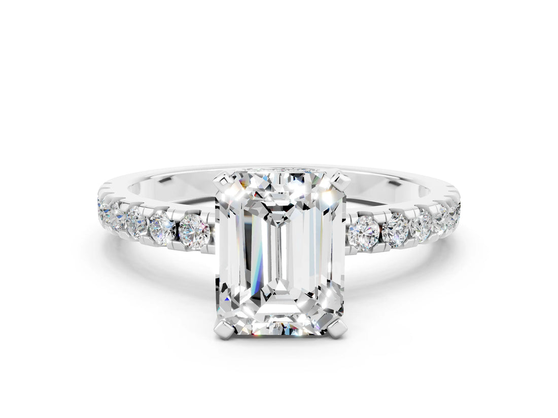 White gold Emerald Cut Moissanite Solitaire Ring with Round  Pavé Band and Four-Prong Setting_48