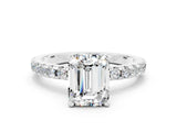 White gold Emerald Cut Moissanite Solitaire Ring with Round  Pavé Band and Four-Prong Setting_48