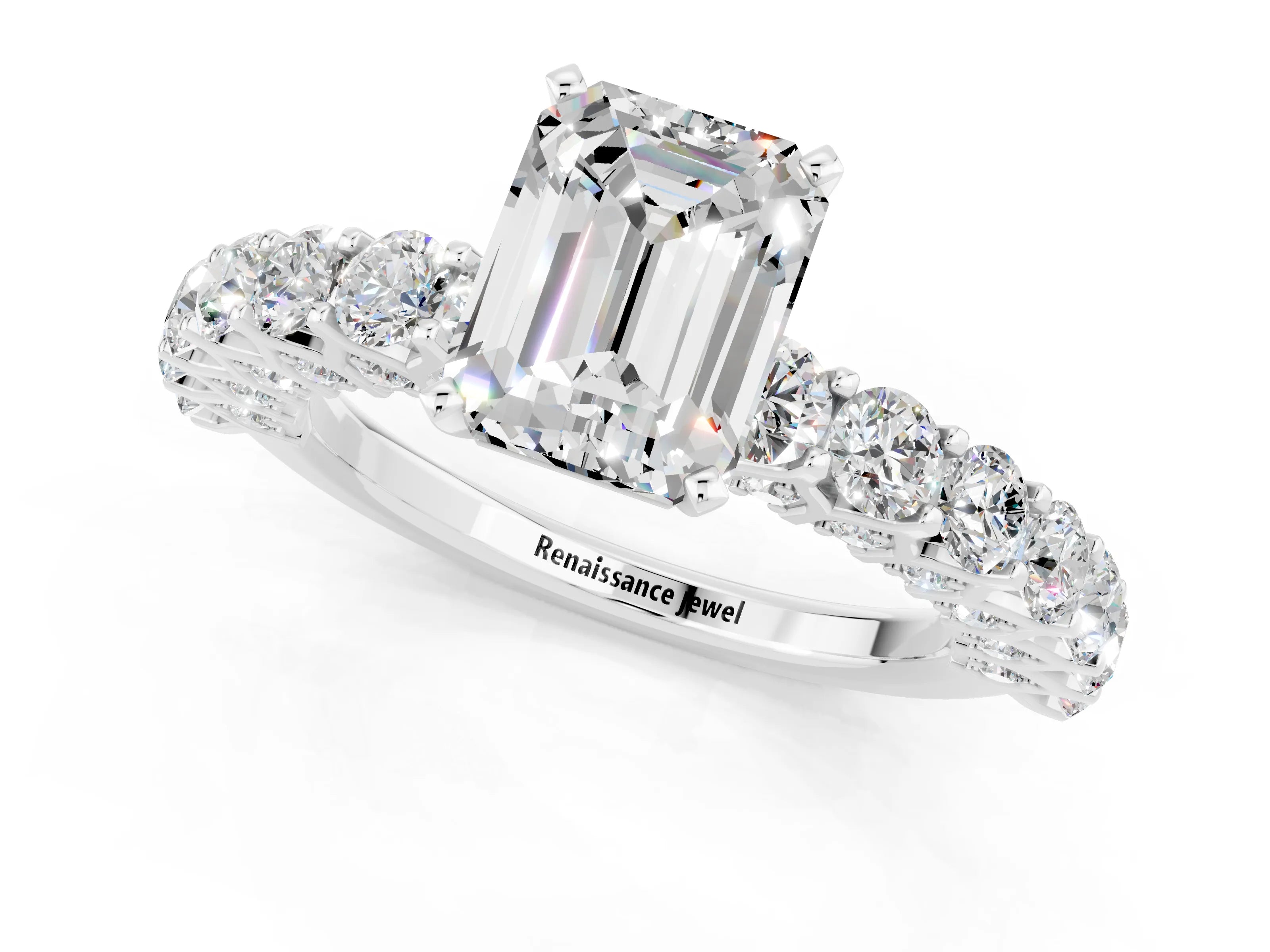 White gold Emerald Cut Moissanite Solitaire Ring with Shared Prong Pavé Band and Four-Prong Setting_1