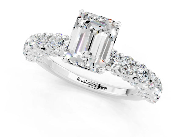 White gold Emerald Cut Moissanite Solitaire Ring with Shared Prong Pavé Band and Four-Prong Setting