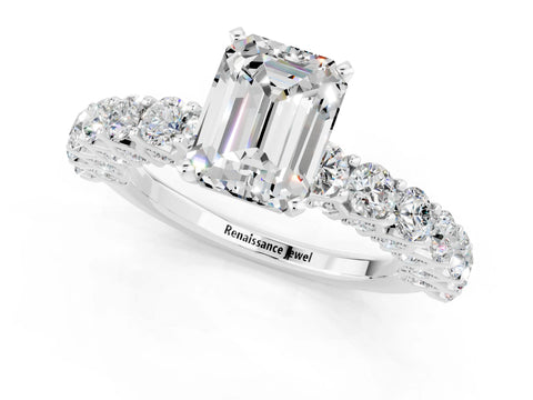 White gold Emerald Cut Moissanite Solitaire Ring with Shared Prong Pavé Band and Four-Prong Setting_1