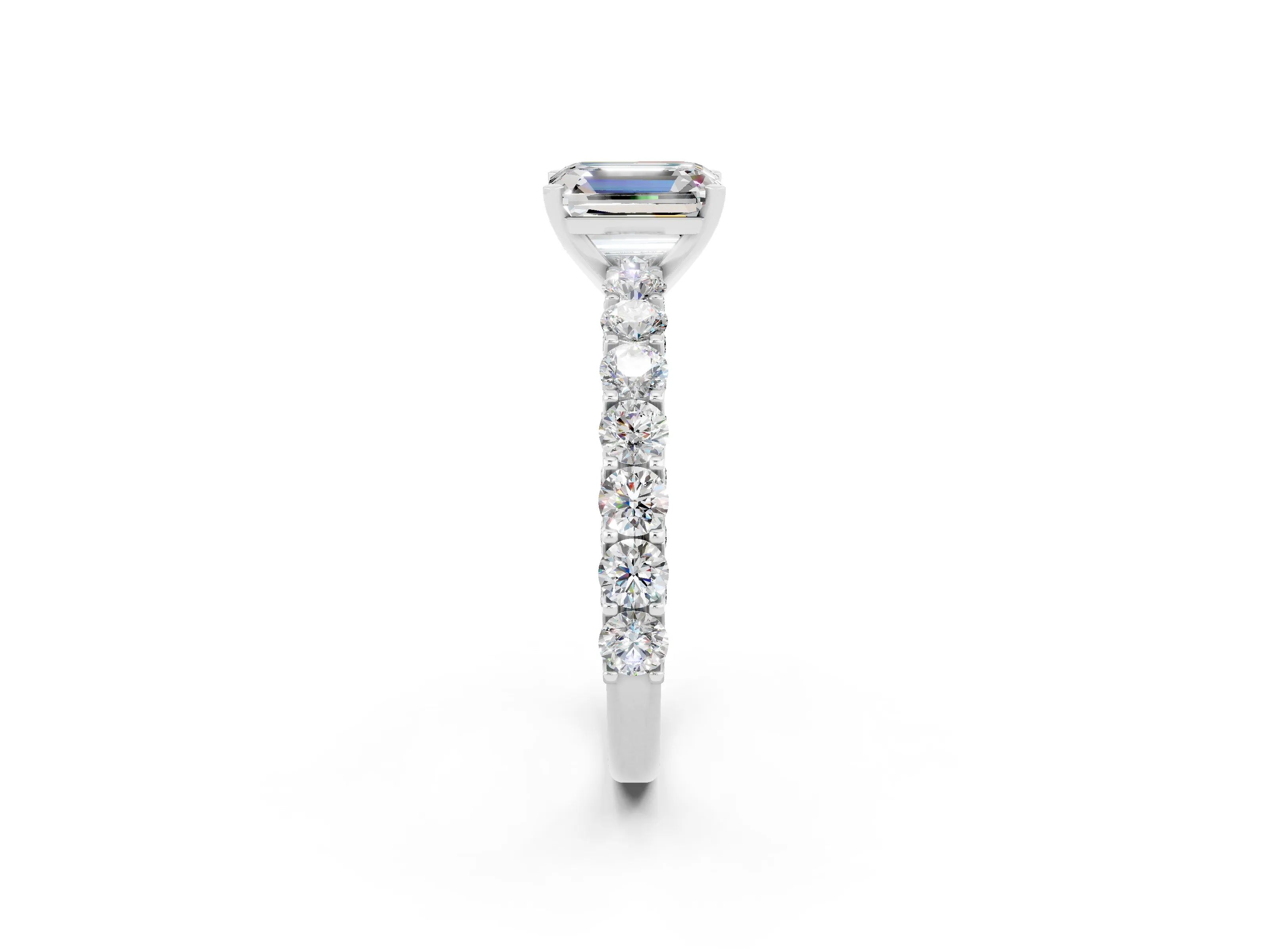 White gold Emerald Cut Moissanite Solitaire Ring with Shared Prong Pavé Band and Four-Prong Setting_2