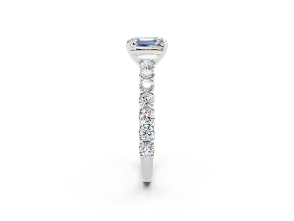 White gold Emerald Cut Moissanite Solitaire Ring with Shared Prong Pavé Band and Four-Prong Setting