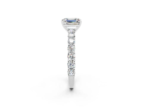White gold Emerald Cut Moissanite Solitaire Ring with Shared Prong Pavé Band and Four-Prong Setting_2