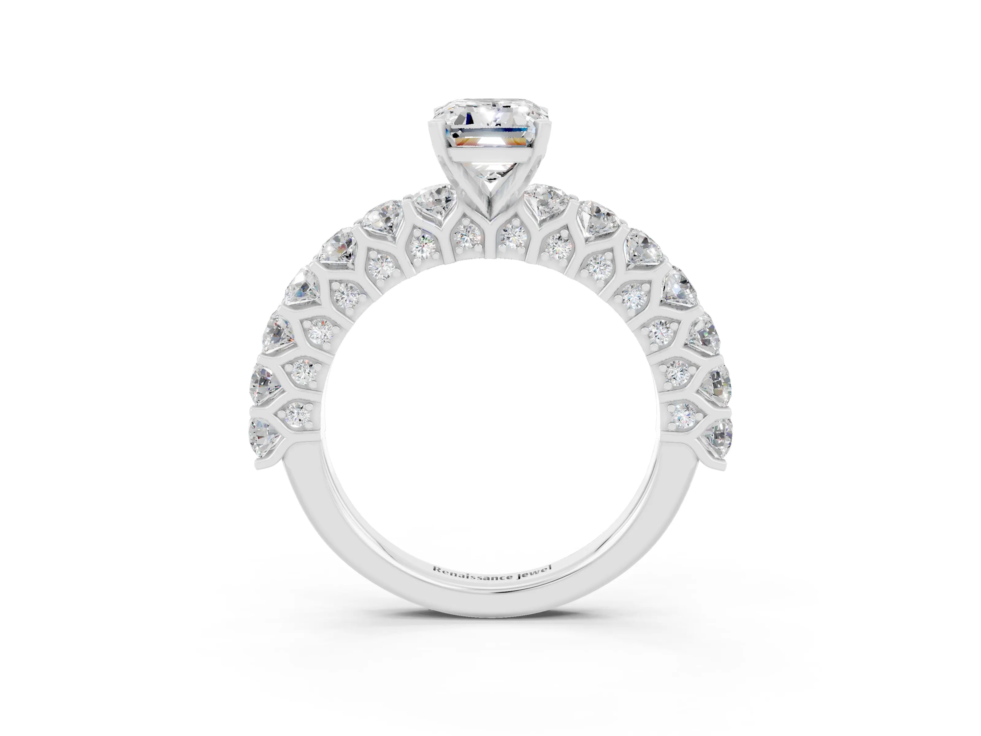 White gold Emerald Cut Moissanite Solitaire Ring with Shared Prong Pavé Band and Four-Prong Setting_3
