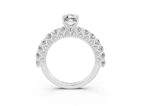 White gold Emerald Cut Moissanite Solitaire Ring with Shared Prong Pavé Band and Four-Prong Setting_3