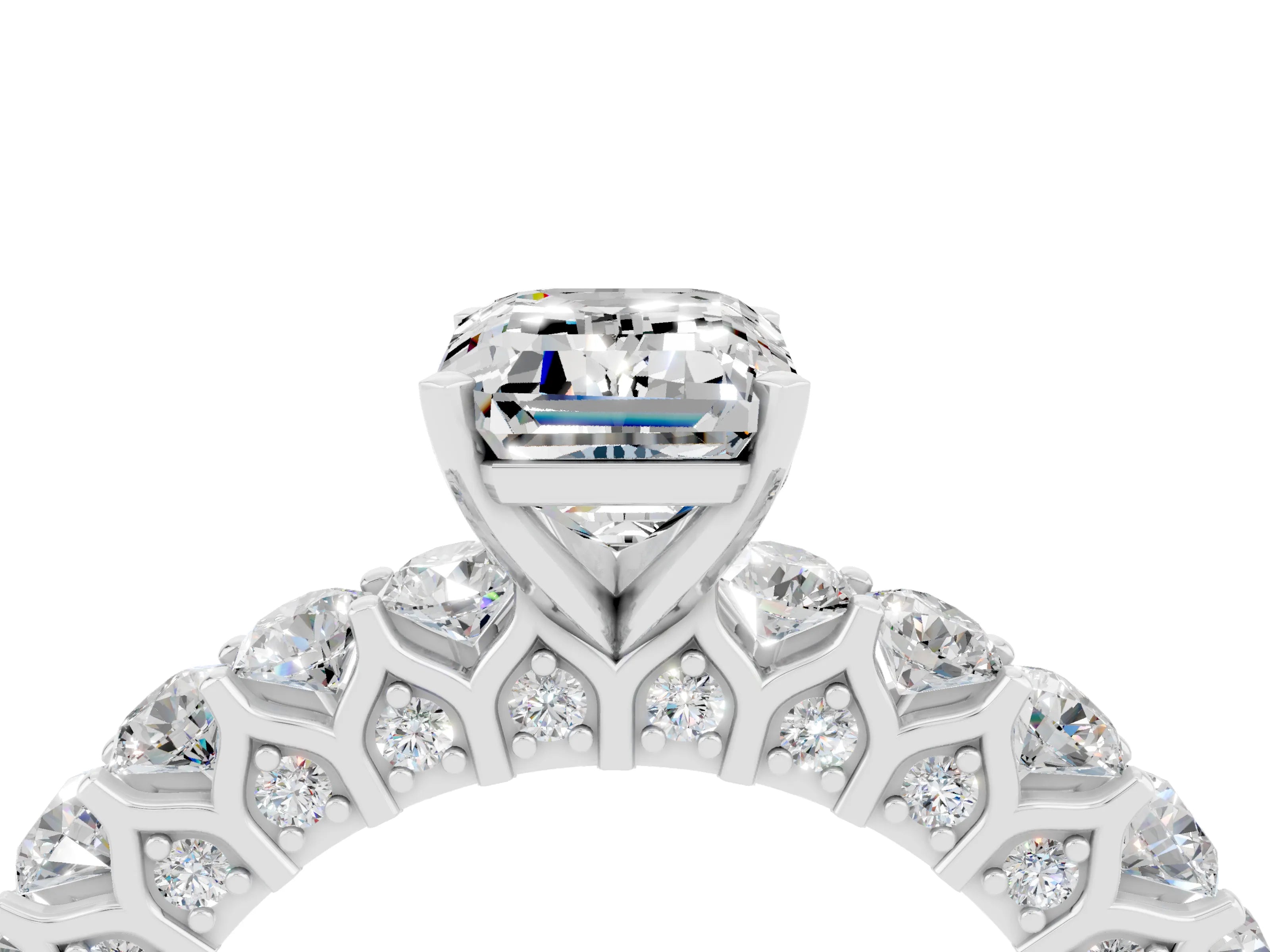 White gold Emerald Cut Moissanite Solitaire Ring with Shared Prong Pavé Band and Four-Prong Setting_4