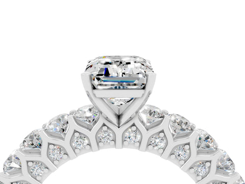 White gold Emerald Cut Moissanite Solitaire Ring with Shared Prong Pavé Band and Four-Prong Setting_4