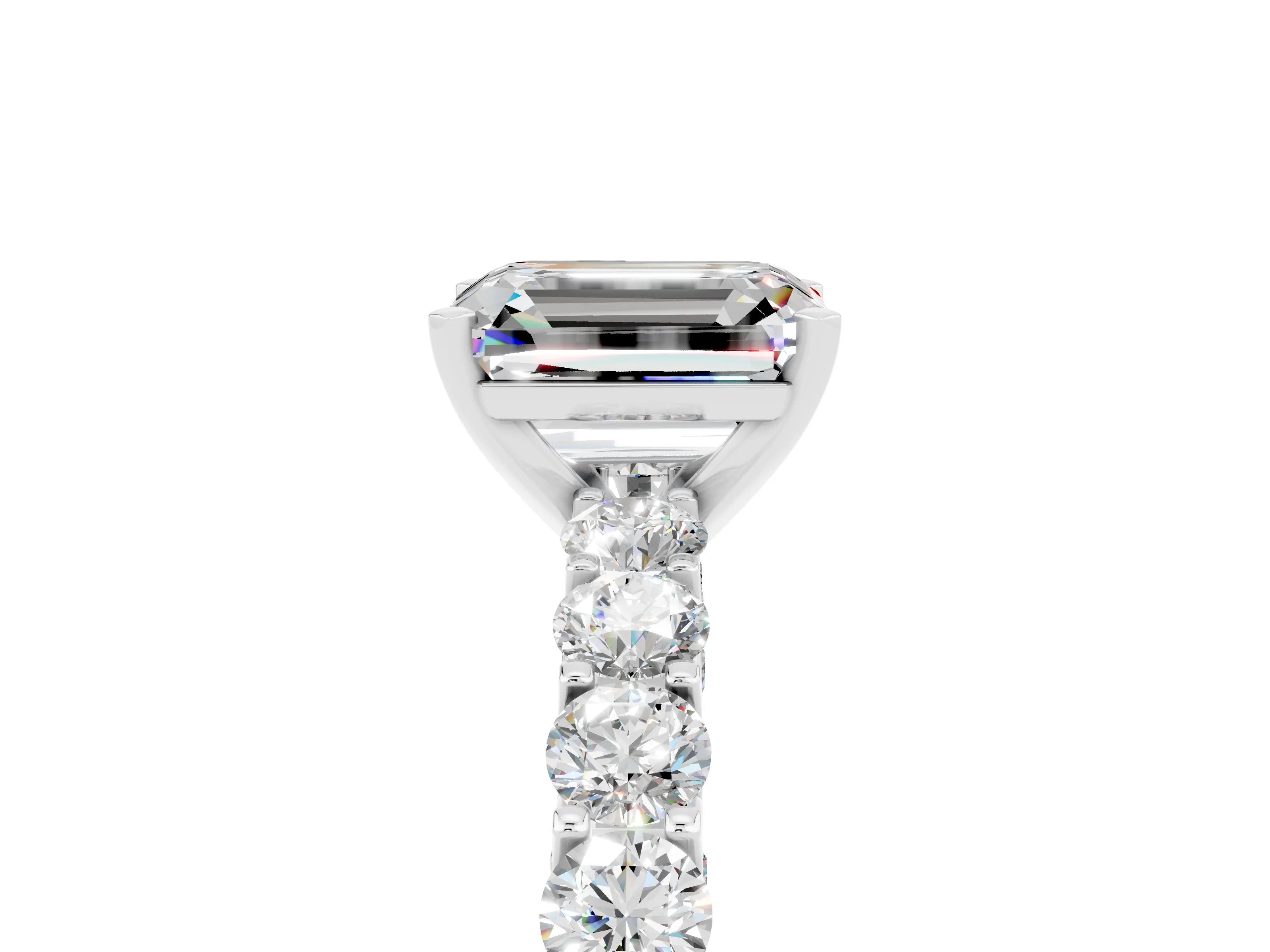 White gold Emerald Cut Moissanite Solitaire Ring with Shared Prong Pavé Band and Four-Prong Setting_5