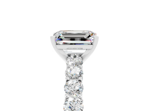 White gold Emerald Cut Moissanite Solitaire Ring with Shared Prong Pavé Band and Four-Prong Setting_5