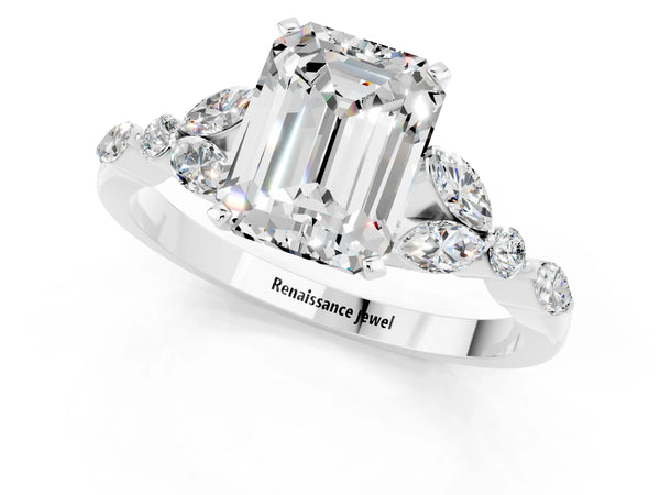 Platinum Emerald Cut Moissanite Solitaire Ring with Side Stones and Four-Prong Setting