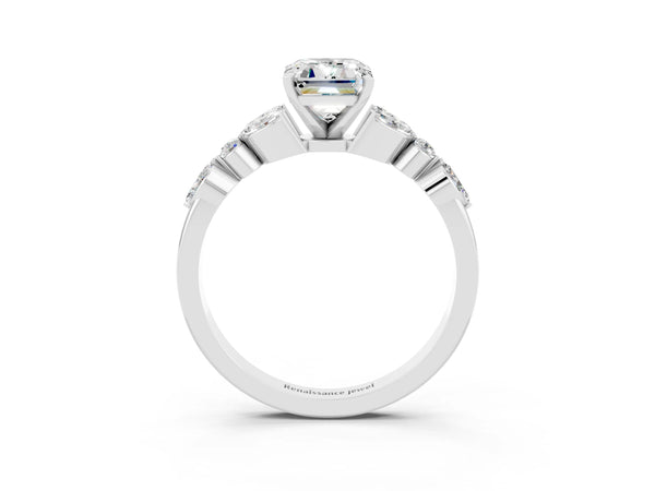 Silver Emerald Cut Moissanite Solitaire Ring with Side Stones and Four-Prong Setting