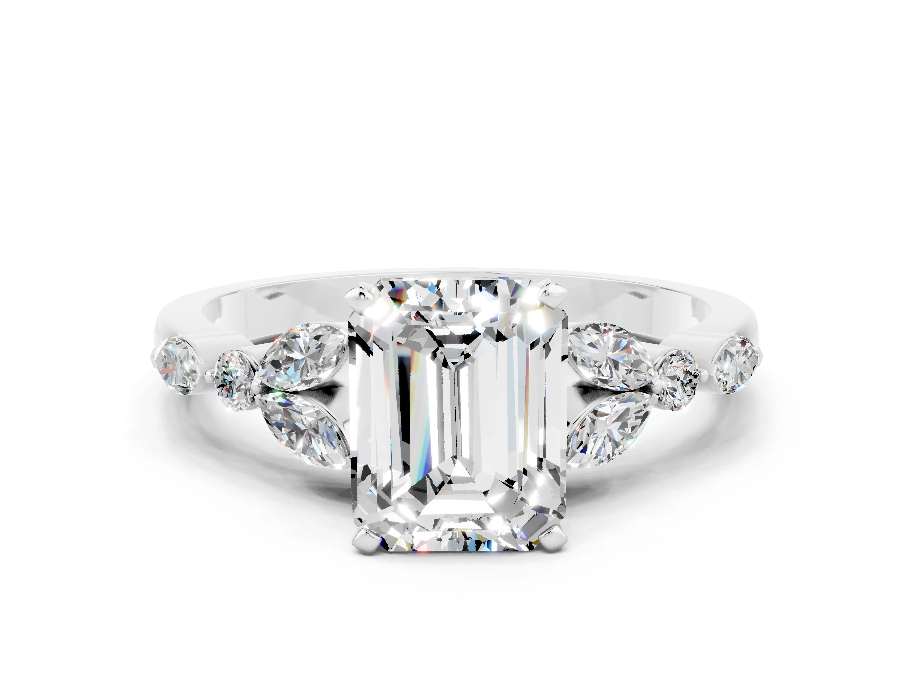 White gold Emerald Cut Moissanite Solitaire Ring with Side Stones and Four-Prong Setting_24