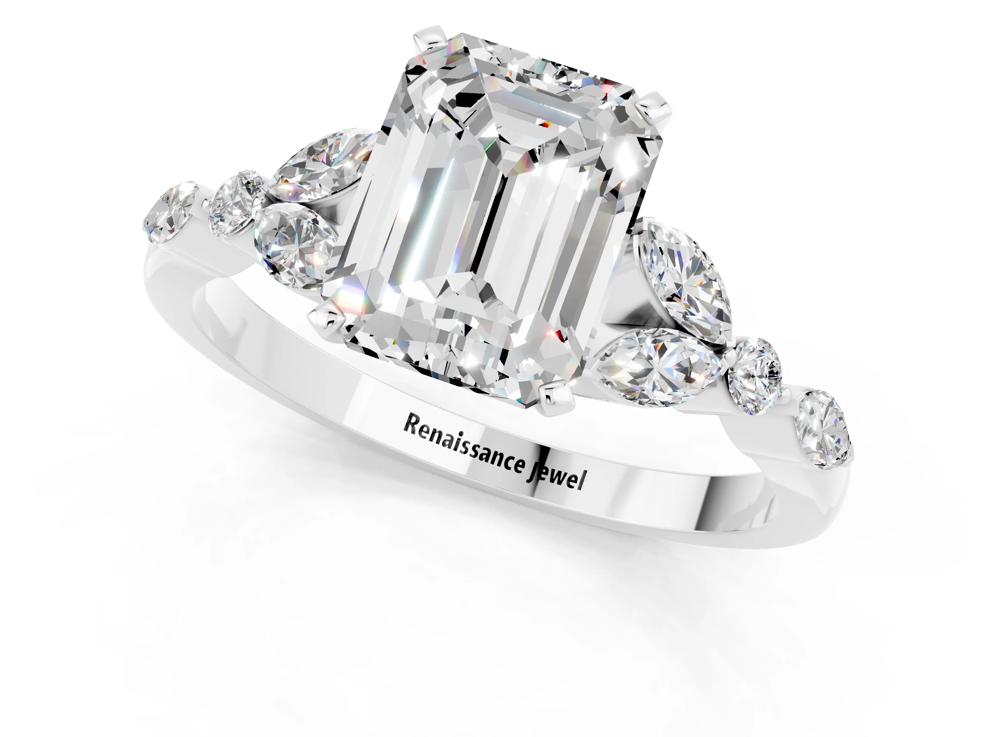 White gold Emerald Cut Moissanite Solitaire Ring with Side Stones and Four-Prong Setting_25