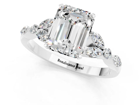 White gold Emerald Cut Moissanite Solitaire Ring with Side Stones and Four-Prong Setting_25