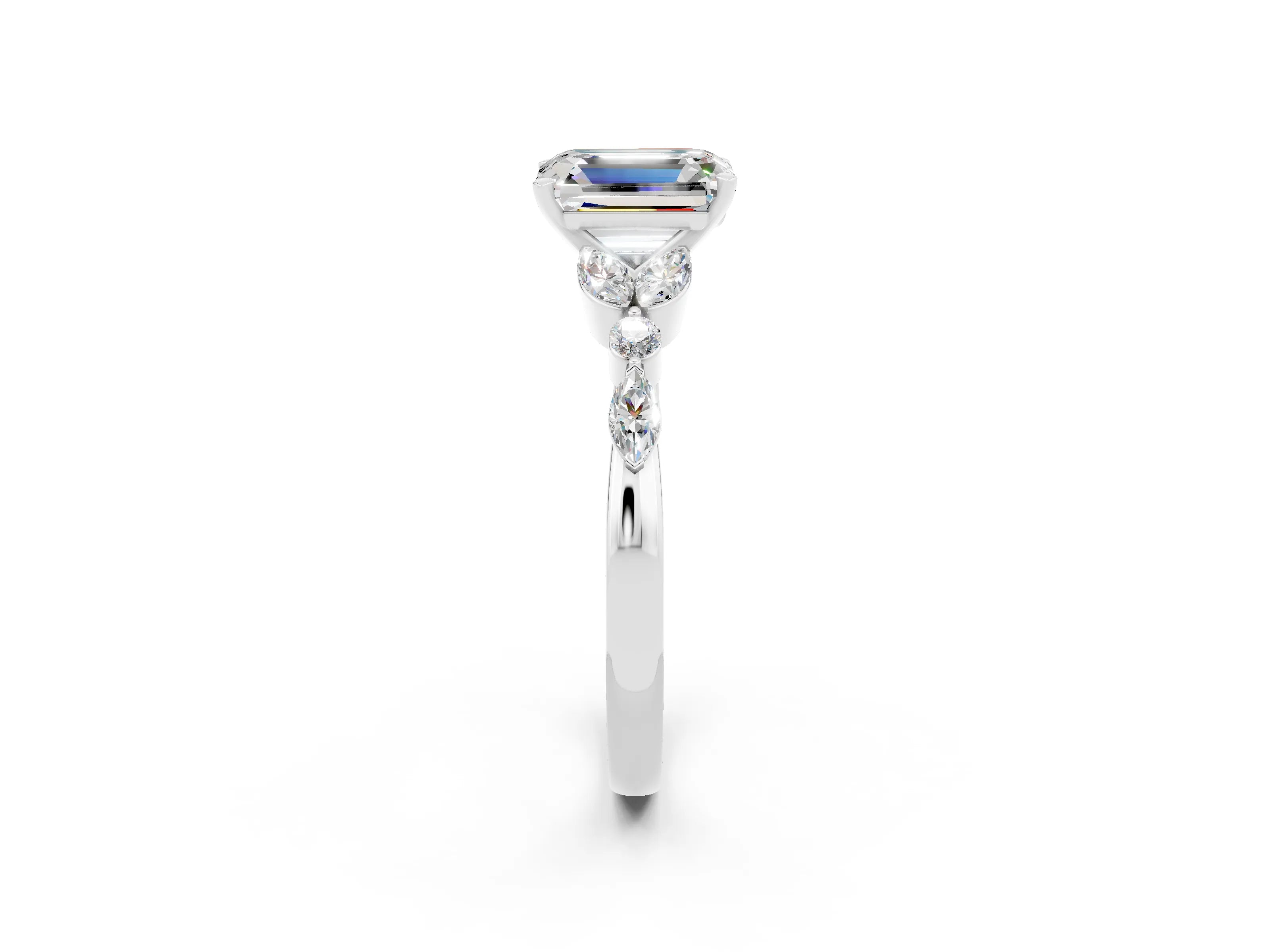 White gold Emerald Cut Moissanite Solitaire Ring with Side Stones and Four-Prong Setting_26