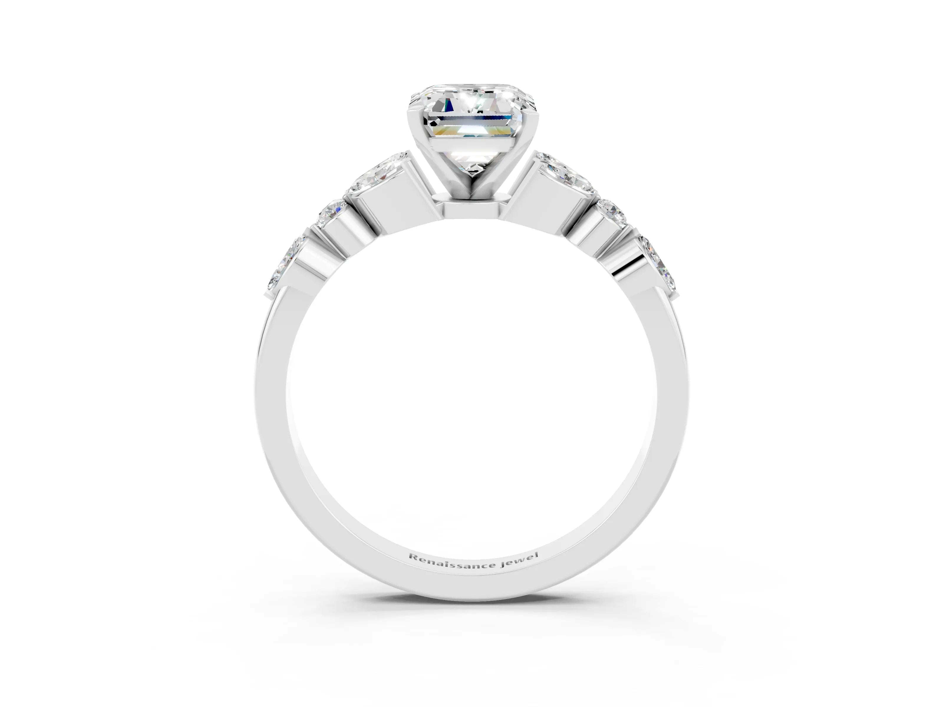 White gold Emerald Cut Moissanite Solitaire Ring with Side Stones and Four-Prong Setting_27