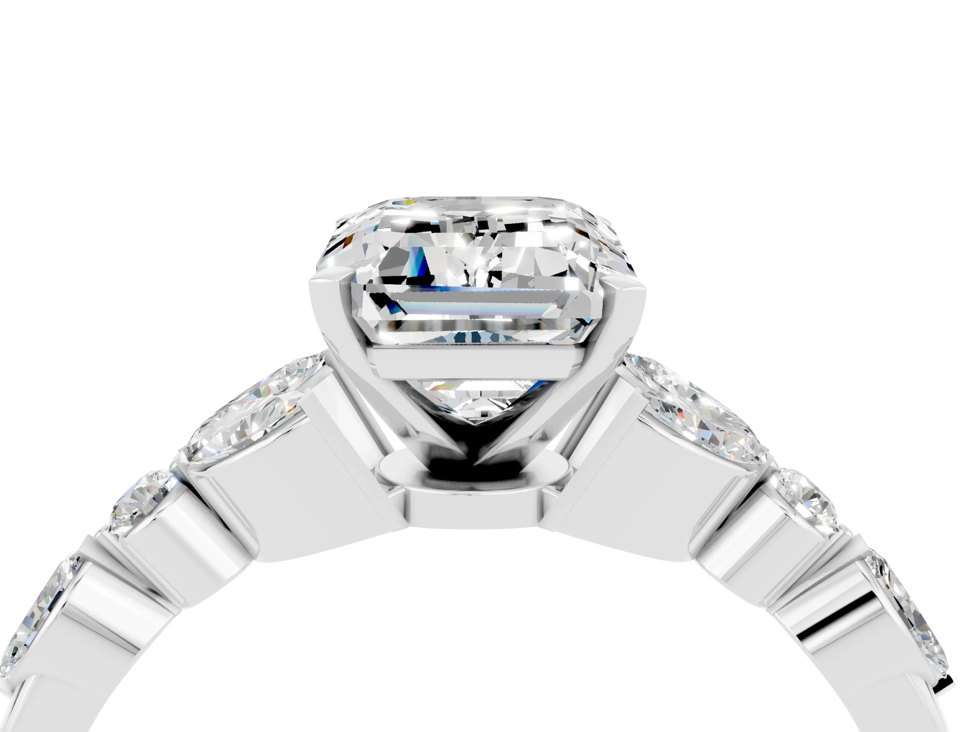 White gold Emerald Cut Moissanite Solitaire Ring with Side Stones and Four-Prong Setting_28