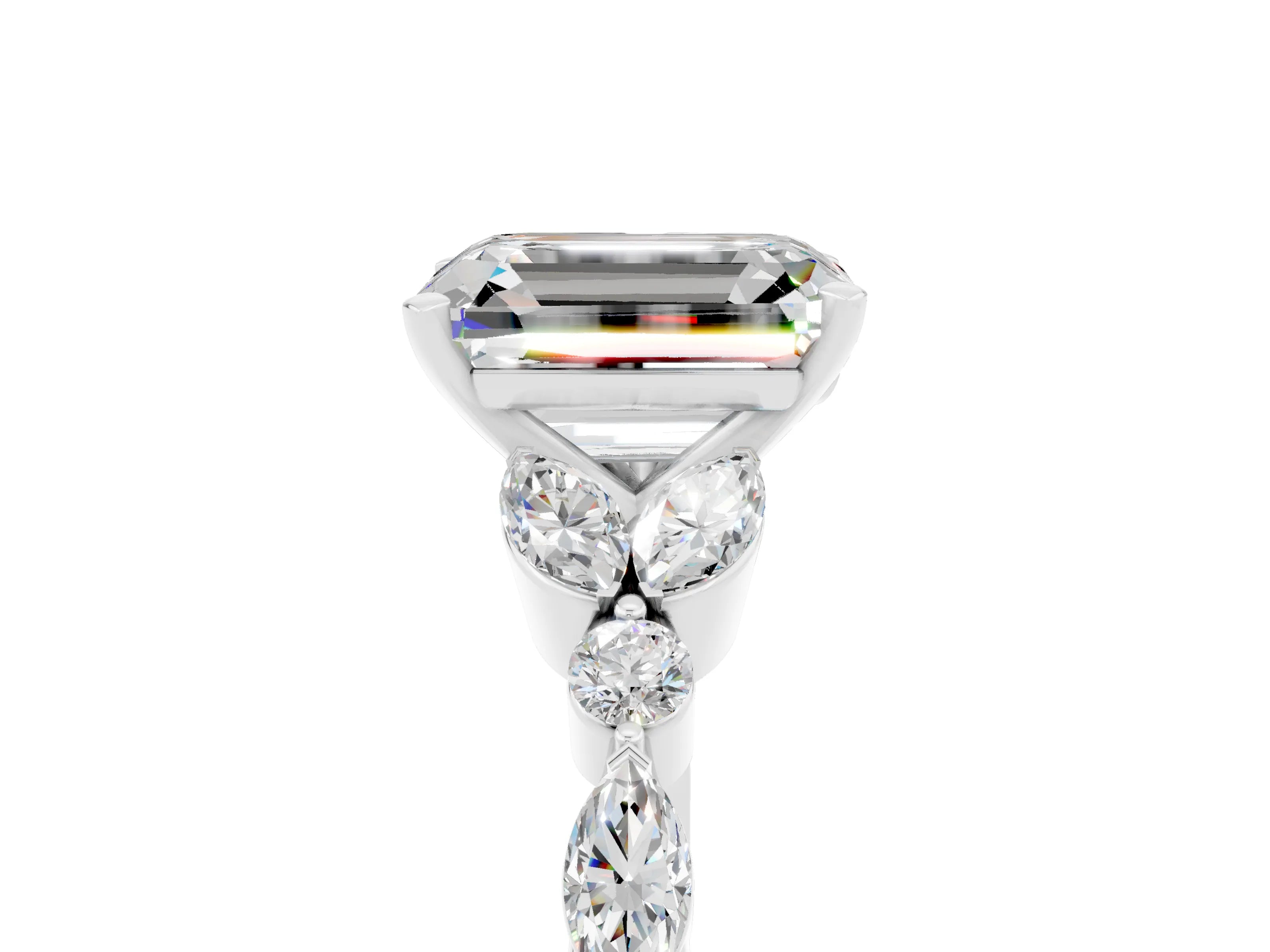 White gold Emerald Cut Moissanite Solitaire Ring with Side Stones and Four-Prong Setting_29