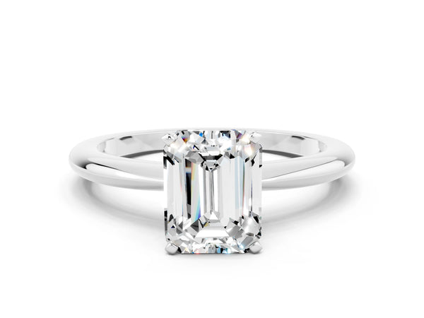 Platinum Emerald Cut Moissanite Solitaire Ring with Six-Prong Setting and Classic Band