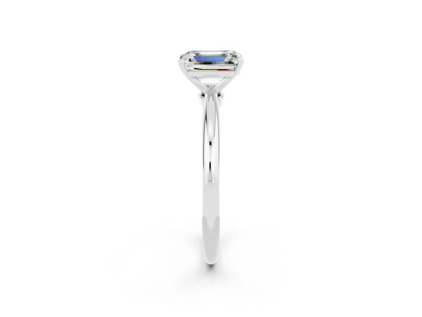 White gold Emerald Cut Moissanite Solitaire Ring with Six-Prong Setting and Classic Band