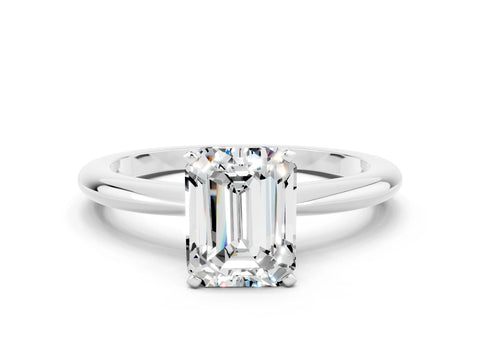 White gold Emerald Cut Moissanite Solitaire Ring with Six-Prong Setting and Classic Band