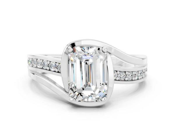 Platinum Emerald Cut Moissanite Solitaire Ring with Split Shank and Prong Setting