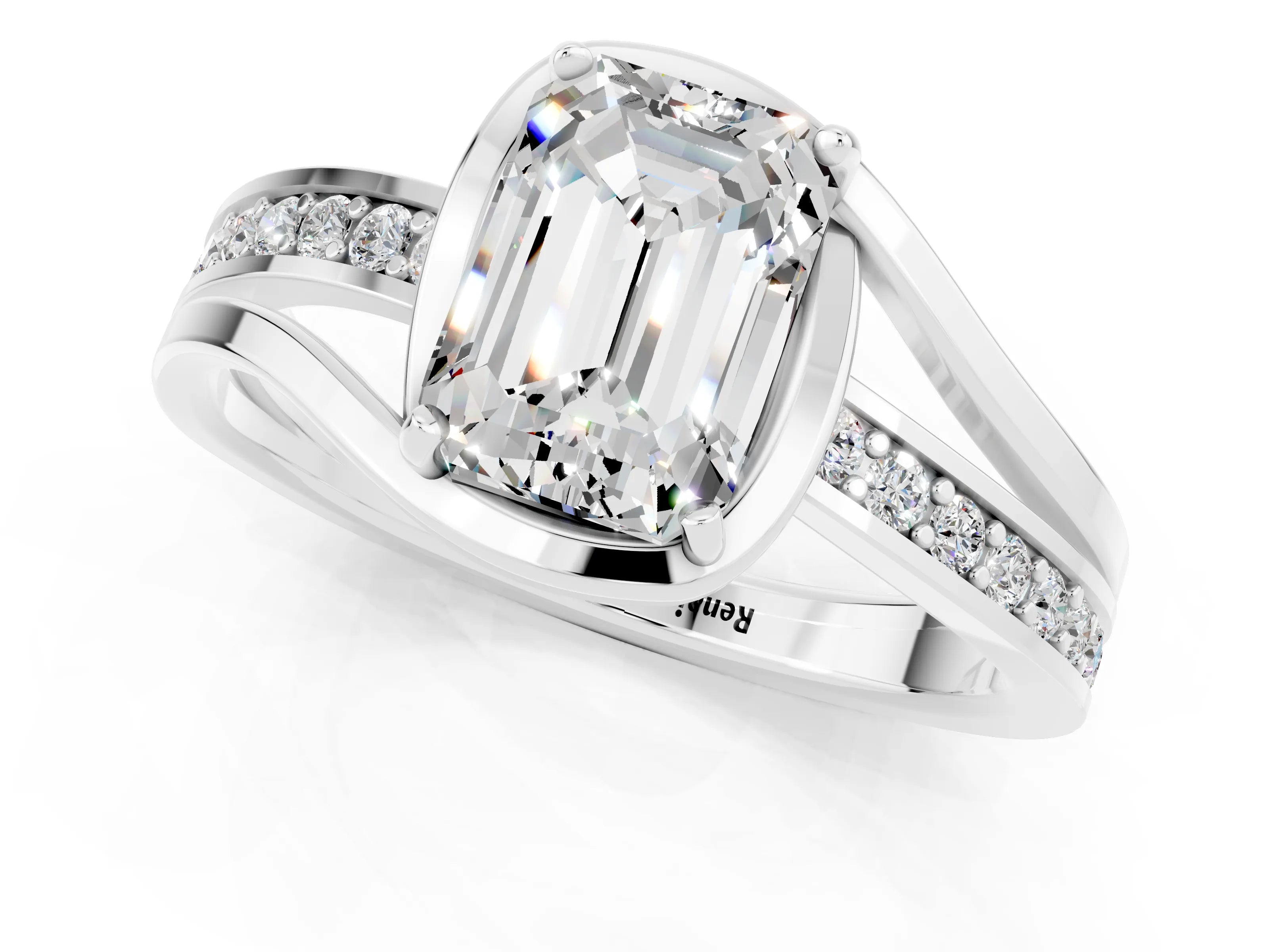 White gold Emerald Cut Moissanite Solitaire Ring with Split Shank and Prong Setting_1