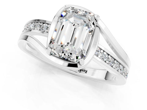 White gold Emerald Cut Moissanite Solitaire Ring with Split Shank and Prong Setting_1