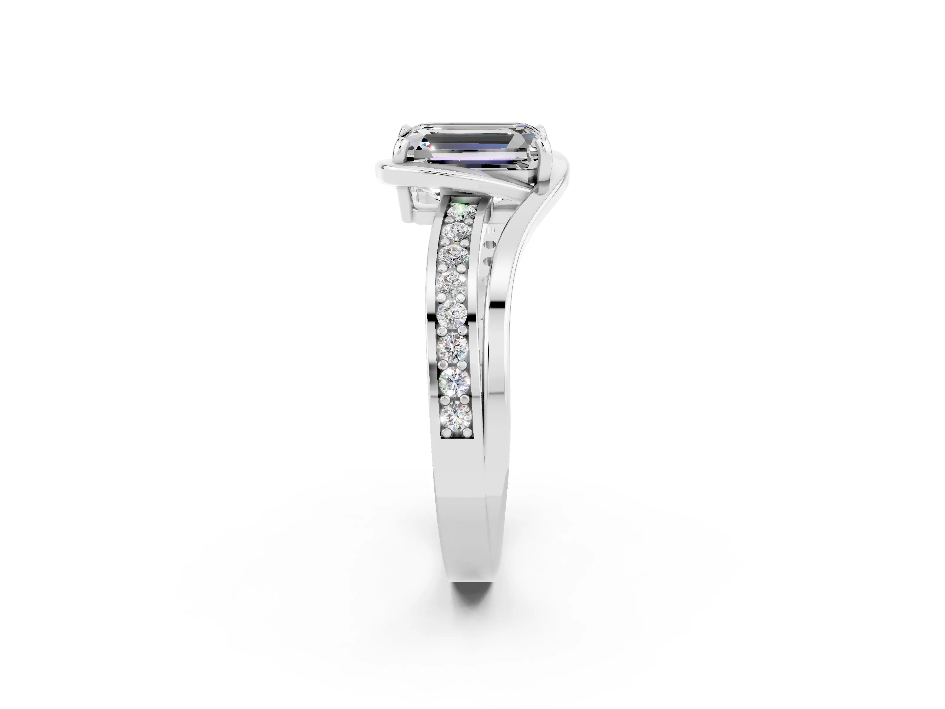 White gold Emerald Cut Moissanite Solitaire Ring with Split Shank and Prong Setting_2