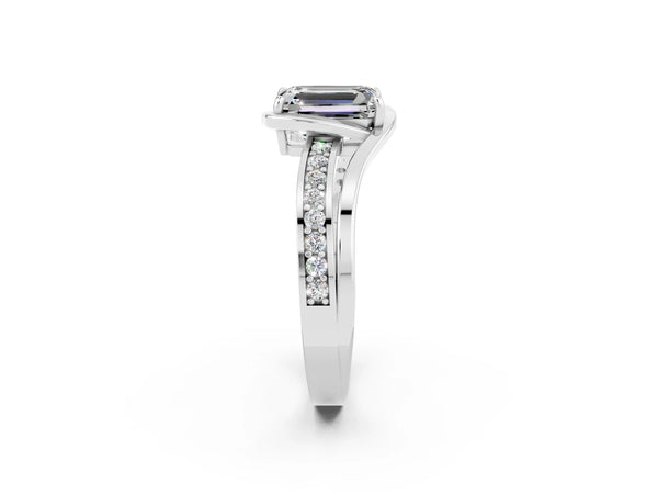White gold Emerald Cut Moissanite Solitaire Ring with Split Shank and Prong Setting