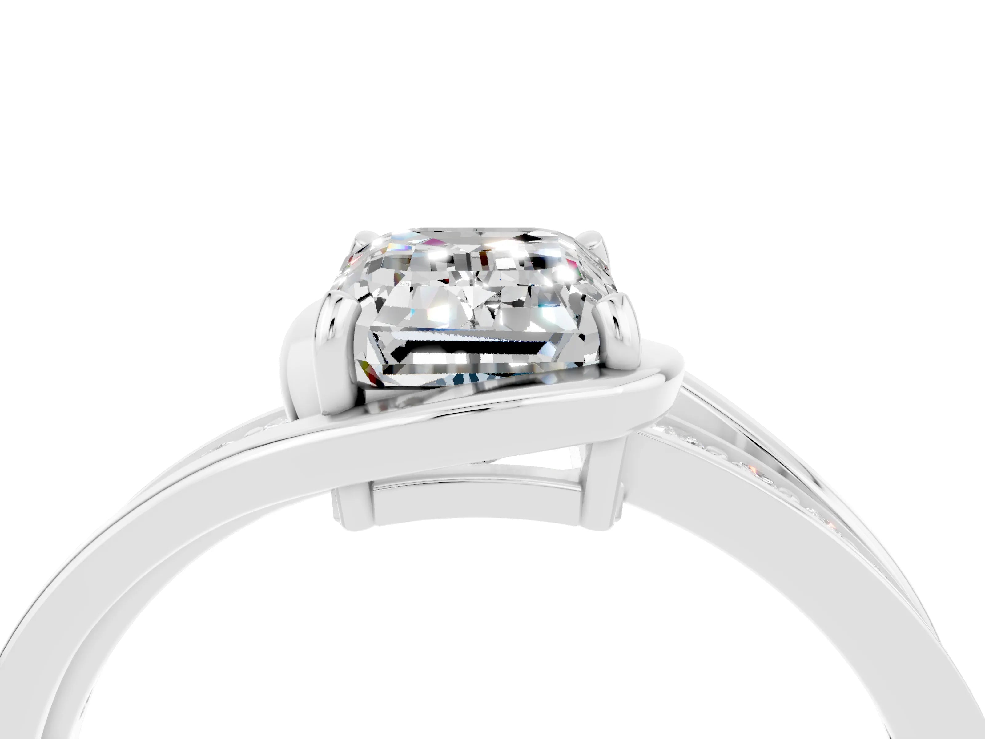 White gold Emerald Cut Moissanite Solitaire Ring with Split Shank and Prong Setting_4