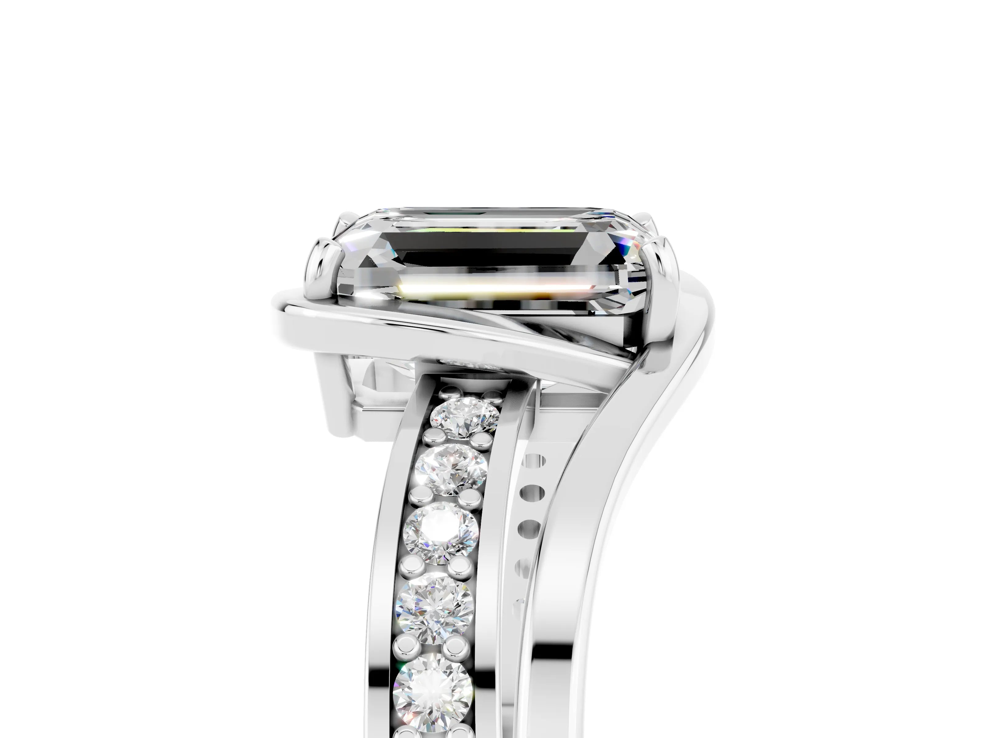 White gold Emerald Cut Moissanite Solitaire Ring with Split Shank and Prong Setting_5