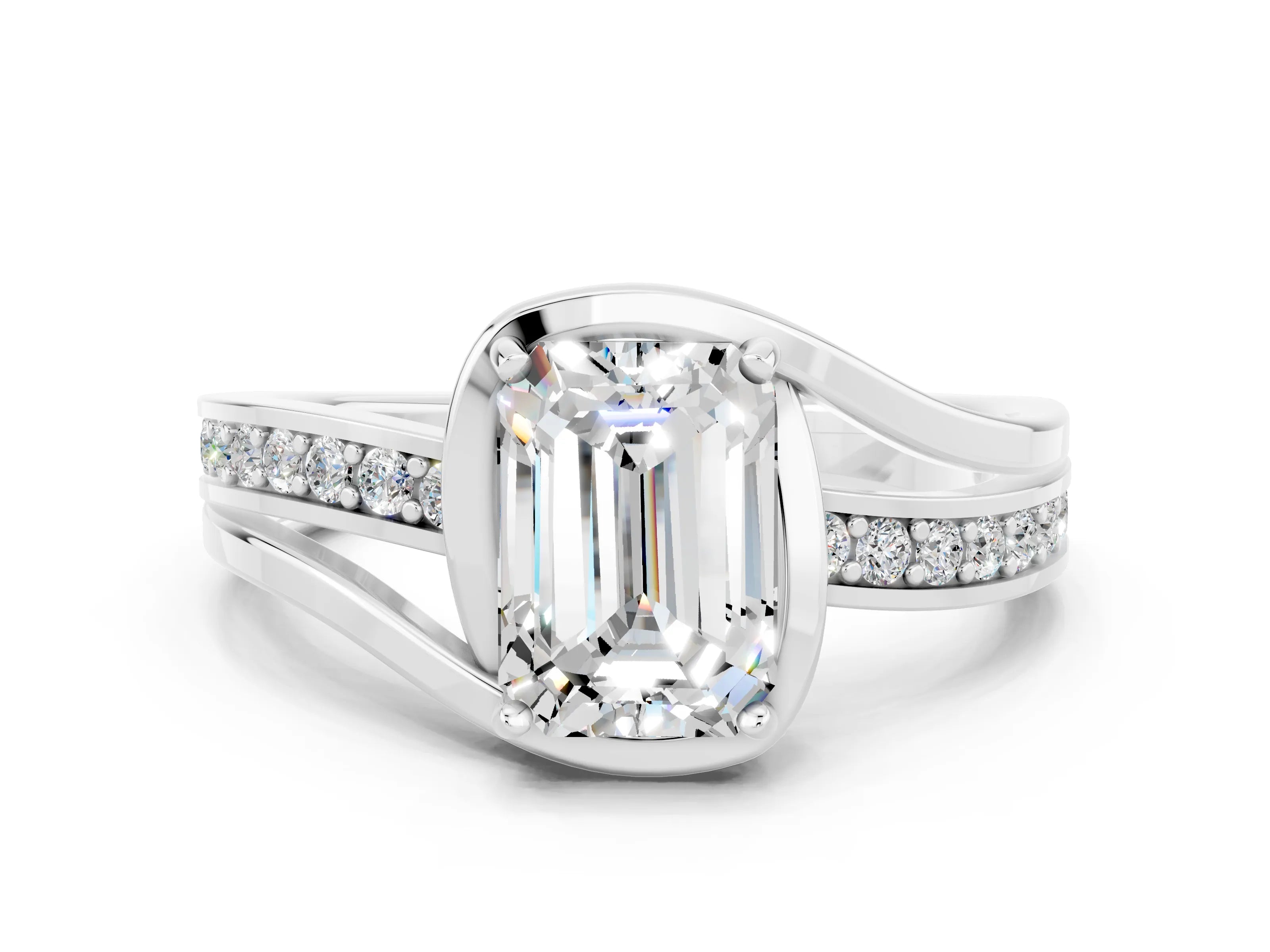 White gold Emerald Cut Moissanite Solitaire Ring with Split Shank and Prong Setting