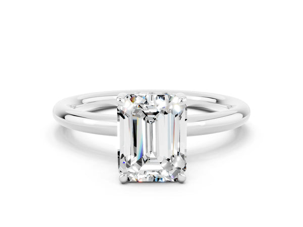 White gold Emerald Cut Moissanite Solitaire Ring with Thin Band and Four-Prong Setting