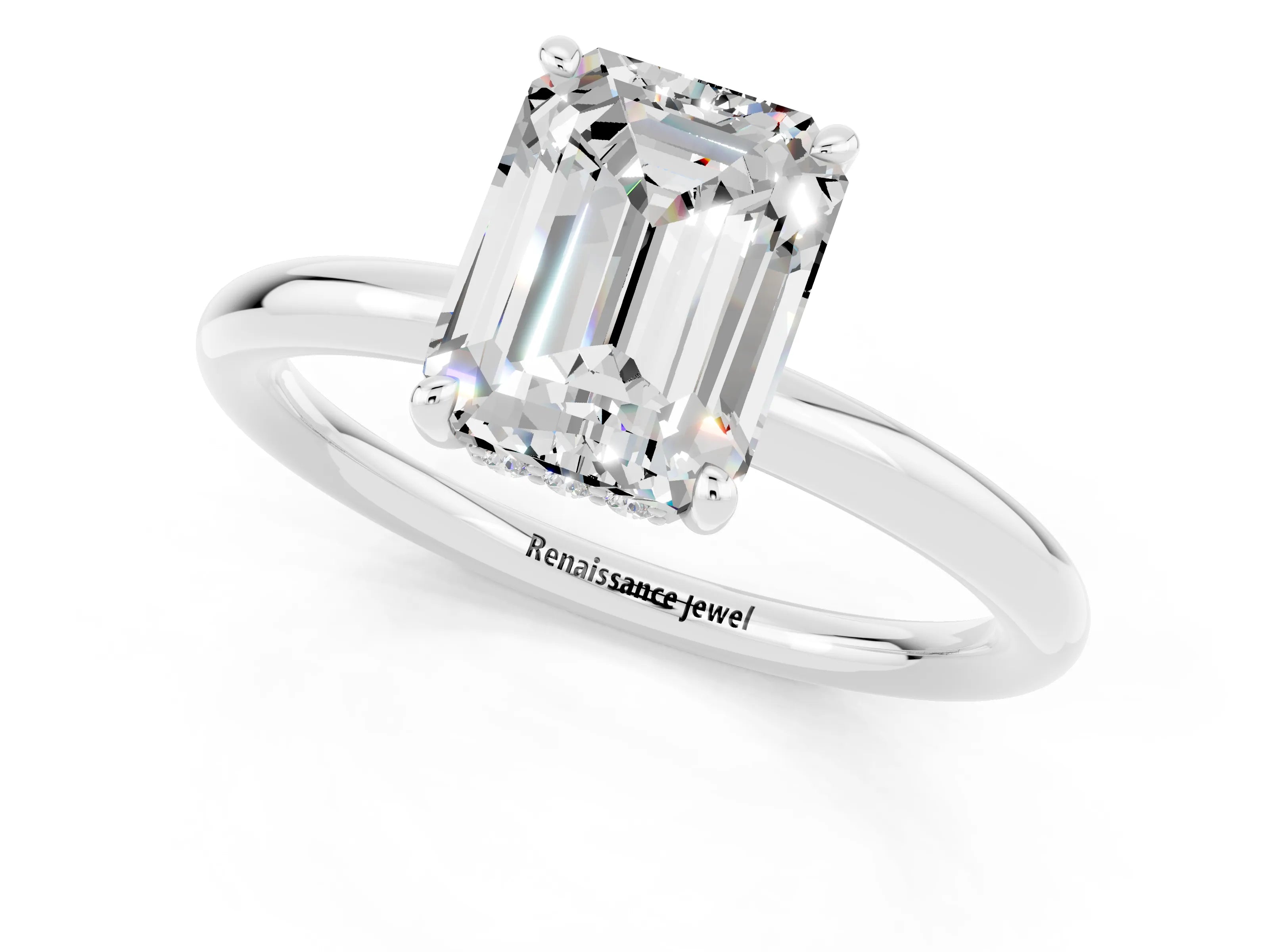 White gold Emerald Cut Moissanite Solitaire Ring with Thin Band and Four-Prong Setting_13