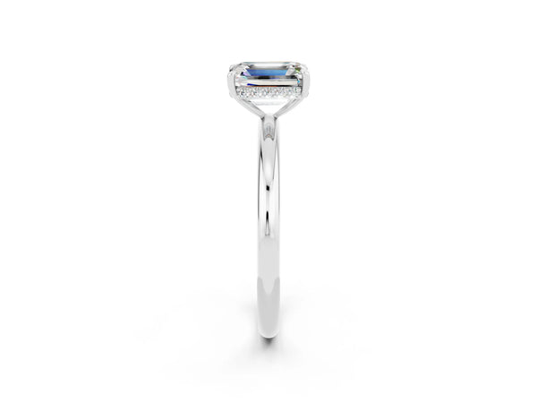 Silver Emerald Cut Moissanite Solitaire Ring with Thin Band and Four-Prong Setting
