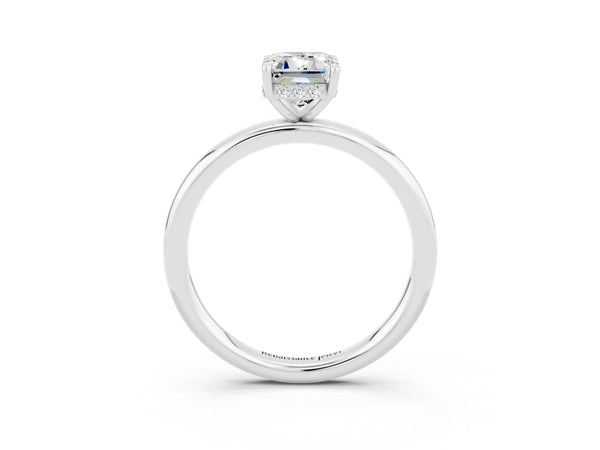 Silver Emerald Cut Moissanite Solitaire Ring with Thin Band and Four-Prong Setting
