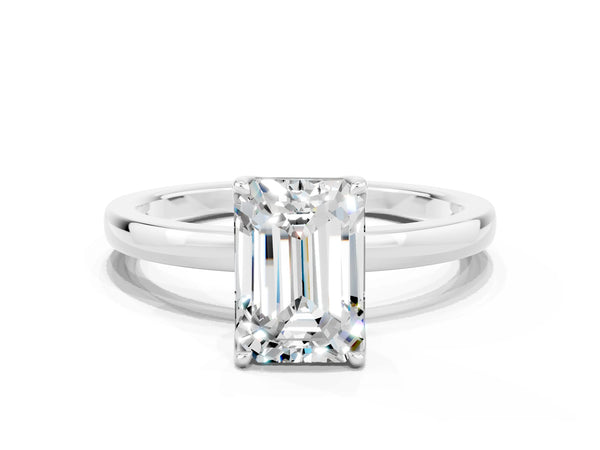 White gold Emerald Cut Moissanite Solitaire Ring with Thin Band and Prong Setting