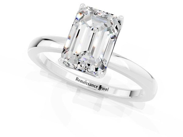 White gold Emerald Cut Moissanite Solitaire Ring with Thin Band and Prong Setting