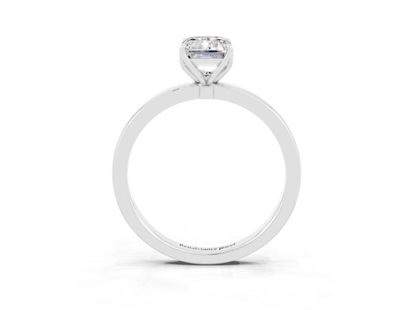 Platinum Emerald Cut Moissanite Solitaire Ring with Thin Band and Prong Setting