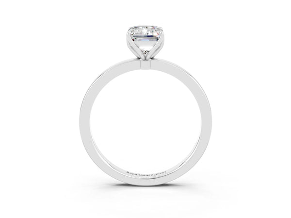 White gold Emerald Cut Moissanite Solitaire Ring with Thin Band and Prong Setting