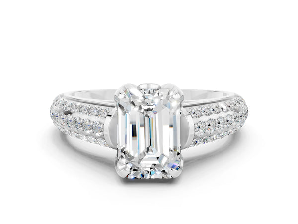 Platinum Emerald Cut Moissanite Solitaire Ring with Three-Row Pavé Band and Four-Prong Setting