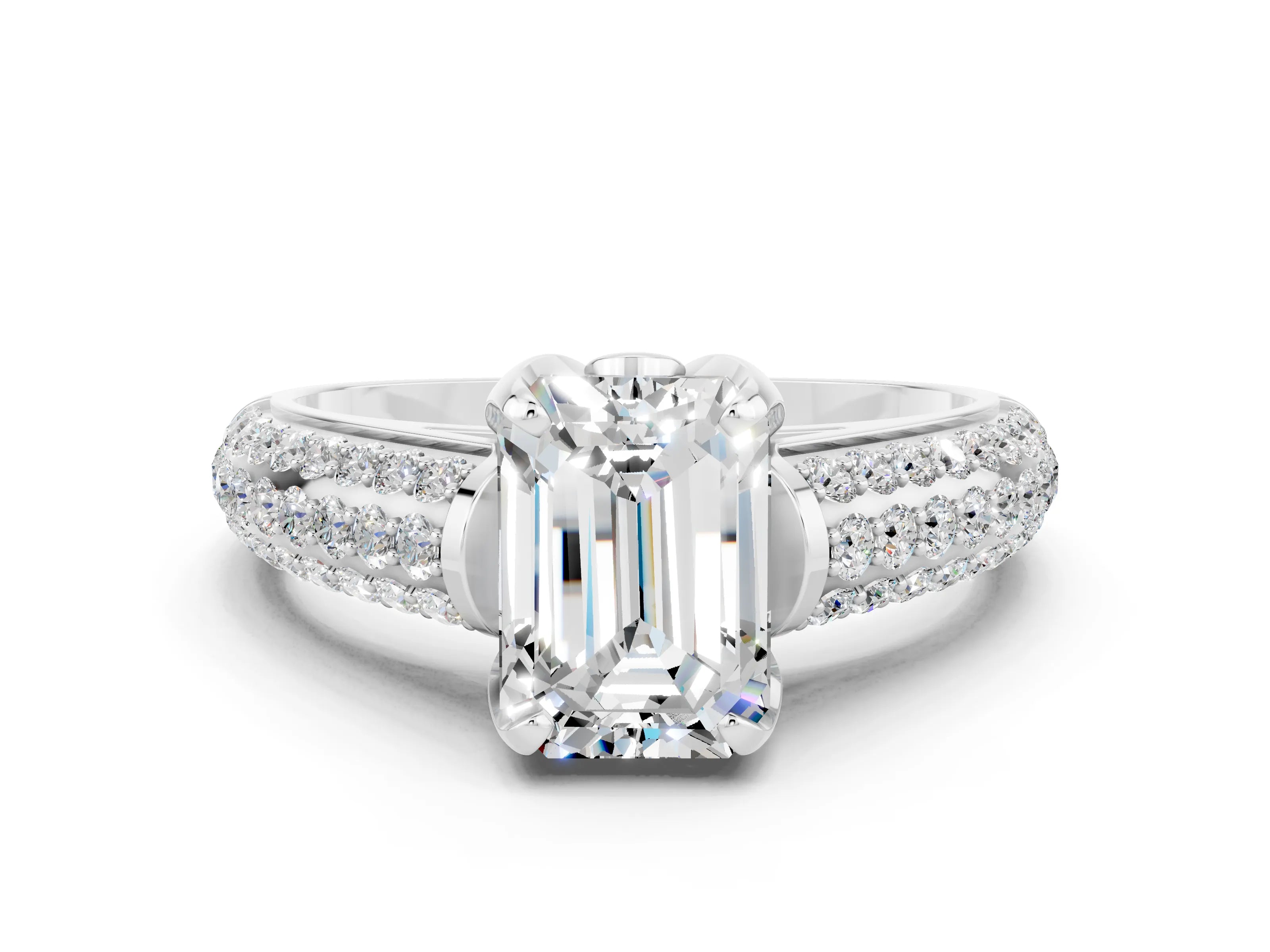 White gold Emerald Cut Moissanite Solitaire Ring with Three-Row Pavé Band and Four-Prong Setting_12